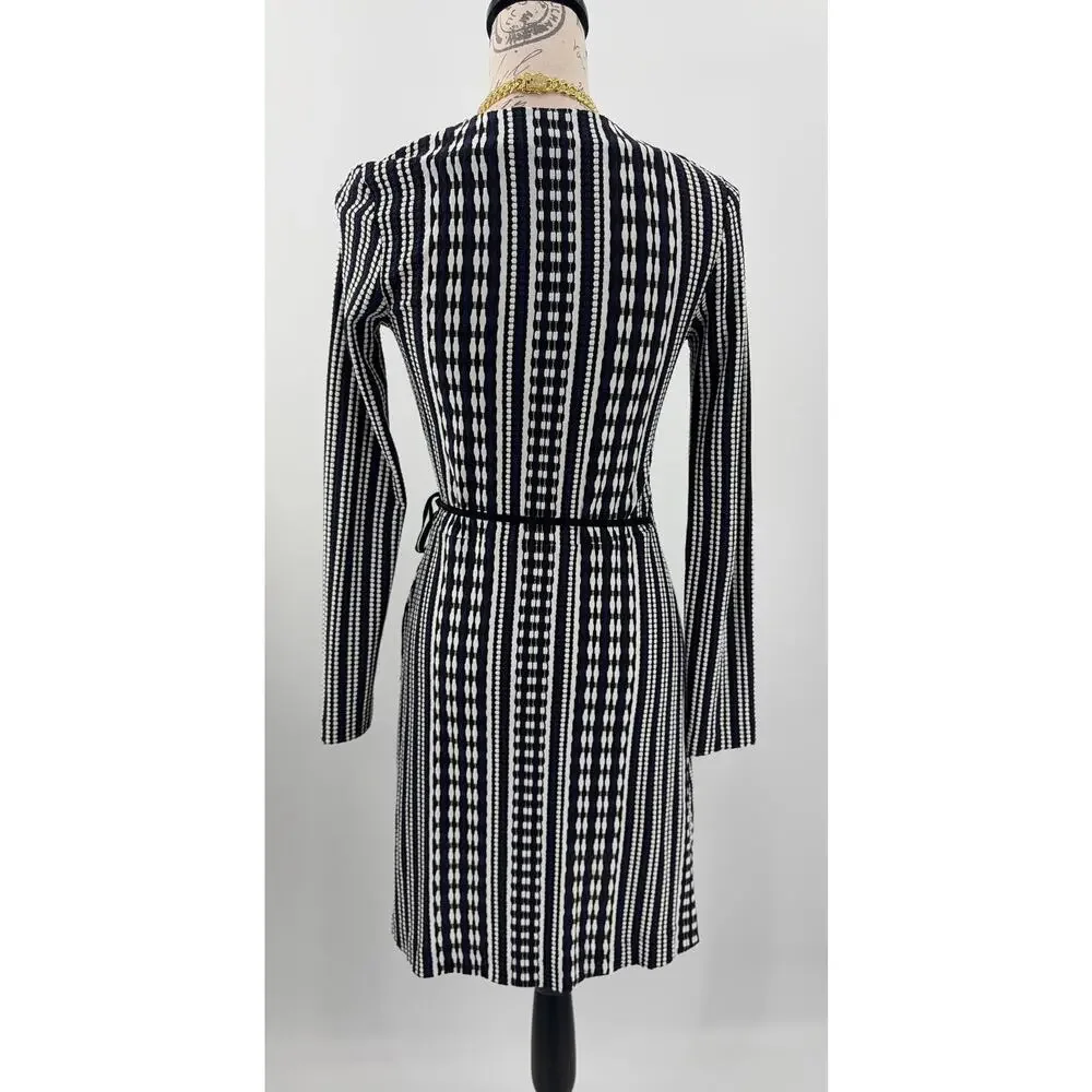 B44 Tory Burch Long Sleeve Jacquard Wrap Dress XS Navy Oxford Stripe Work Career